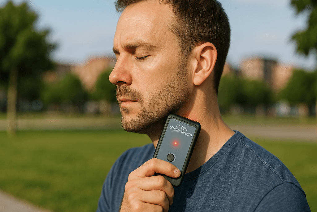 A high-resolution digital photograph captures a light-skinned man in his 30s using a laser glucose monitor on his neck in an urban park during the early morning. The soft natural lighting highlights the serenity of non-invasive diabetes monitoring in a calm, green environment, promoting cutting-edge technology for blood sugar tracking.