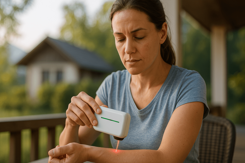 A light-skinned woman in her 30s uses a handheld laser glucose monitor while sitting on a wooden porch in the soft morning light. The natural background and gentle lighting emphasize a serene outdoor setting for non-invasive blood sugar monitoring.