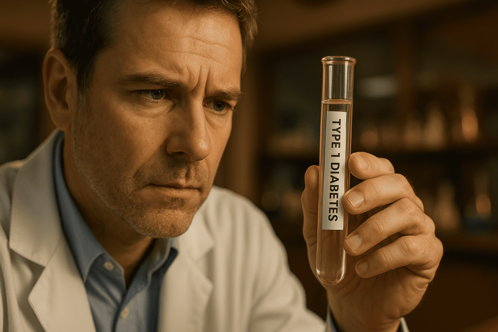 A middle-aged male scientist with graying hair and a five o’clock shadow studies a test tube labeled "TYPE 1 DIABETES" in a warmly lit laboratory. Dressed in a white lab coat, his intense gaze and the visible age lines on his face emphasize the seriousness of JDRF’s research efforts in advancing Type 1 diabetes treatment.