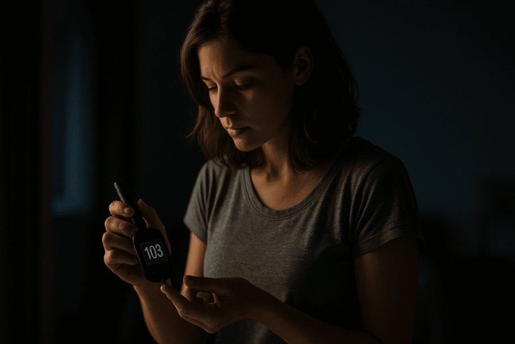 A young woman with shoulder-length brown hair checks her blood sugar level at night, illuminated by moody, dramatic lighting from the left. She holds a glucometer displaying a "103" reading, symbolizing the personal daily routines tied to Type 1 diabetes management, a focus area of JDRF’s mission.