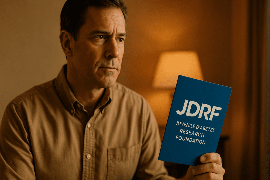 A focused middle-aged man in a tan shirt holds a blue JDRF informational booklet while sitting indoors under warm ambient lighting. His thoughtful expression and the calm, professional setting underscore the importance of education and advocacy in advancing type 1 diabetes research.