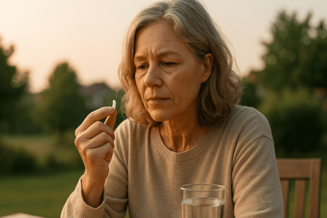 A photorealistic image of a middle-aged woman sitting outside in the soft glow of natural morning light, holding a single capsule between her fingers. The warm, serene setting with blurred greenery evokes contemplation of safer alternatives to metformin for diabetes management.