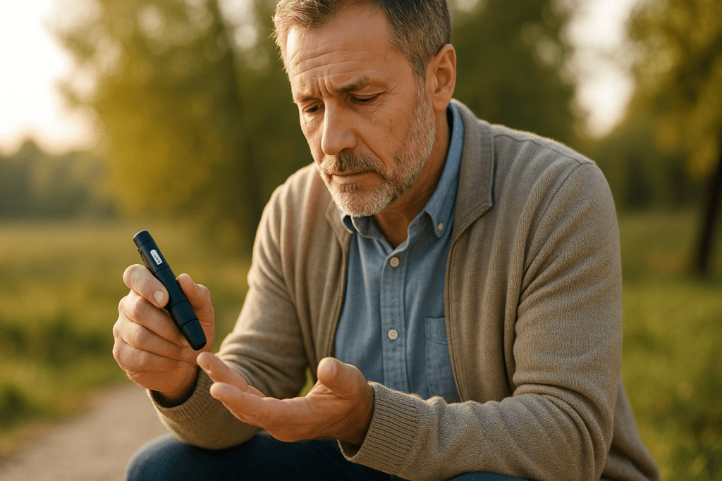 A photograph captures a middle-aged man with light skin and graying hair sitting in a grassy outdoor setting, using a glucose testing device. Surrounded by sunlit trees and fields under soft natural morning light, the scene evokes calm and emphasizes alternatives to metformin for managing diabetes in a natural environment.