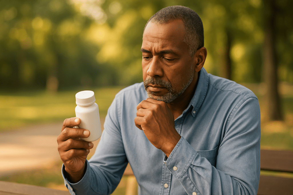 A middle-aged African American man sits on a park bench in soft morning light, holding a white pill bottle and looking at it thoughtfully. The serene outdoor setting and natural greenery evoke the theme of seeking safe, natural alternatives to metformin for diabetes management.