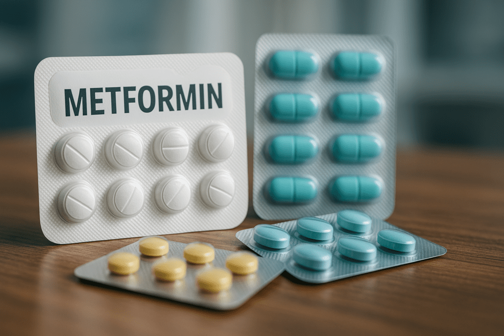 A close-up photorealistic image of Metformin blister packs next to two alternative diabetes medications on a wooden surface, captured in soft daylight. The modern, neutral background underscores the theme of exploring new and safer options for managing type 2 diabetes without metformin.