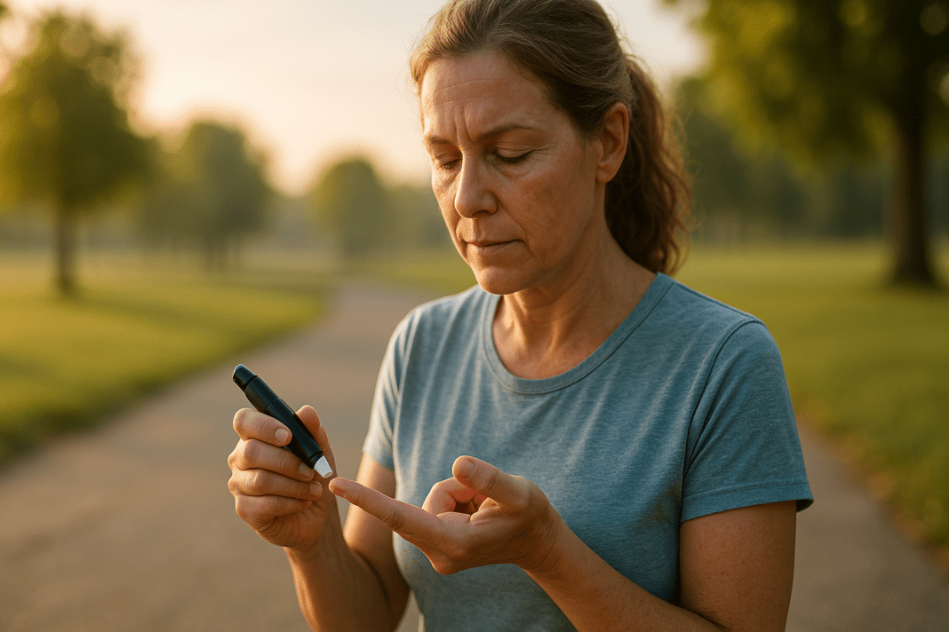 A middle-aged Caucasian woman stands in a peaceful park during early morning light, attentively checking her blood sugar with a glucose meter. The soft natural lighting enhances the scene's calm tone, visually conveying the rising prevalence of Type 2 diabetes through a relatable self-care ritual in a natural outdoor setting.