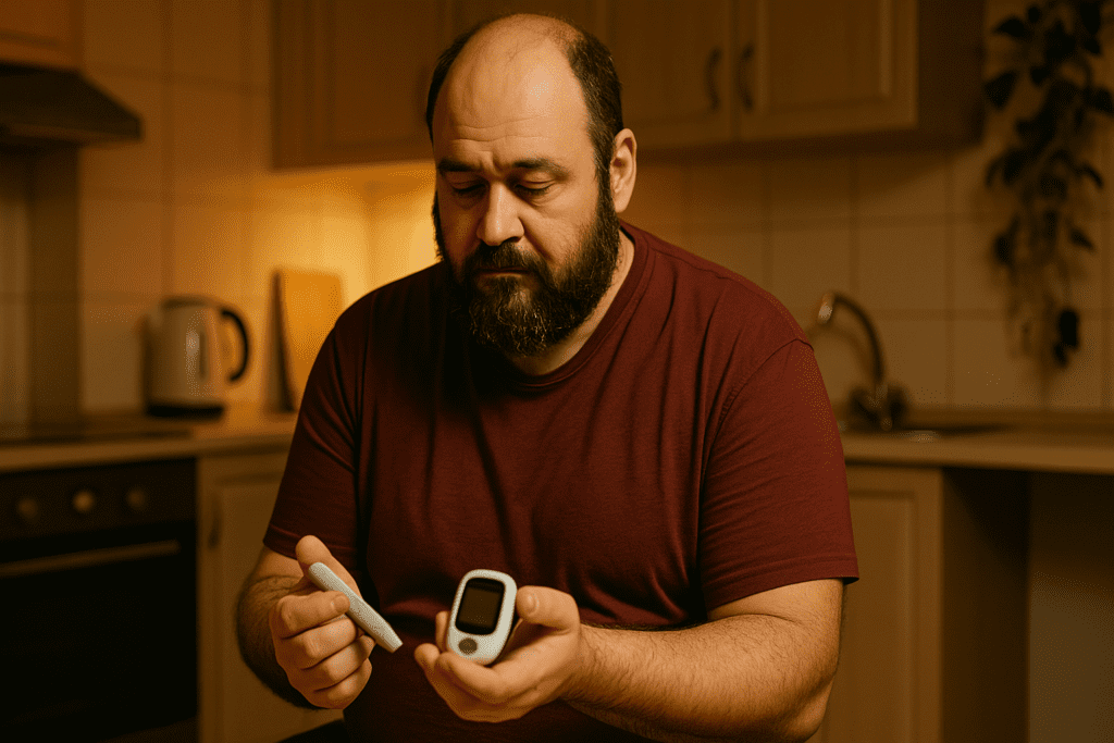 A bearded, middle-aged man sits alone in a warmly lit kitchen, examining two glucometers with a thoughtful expression. The ambient lighting and intimate indoor setting reflect the personal challenges of managing Type 2 diabetes and highlight the growing awareness of blood sugar monitoring.
