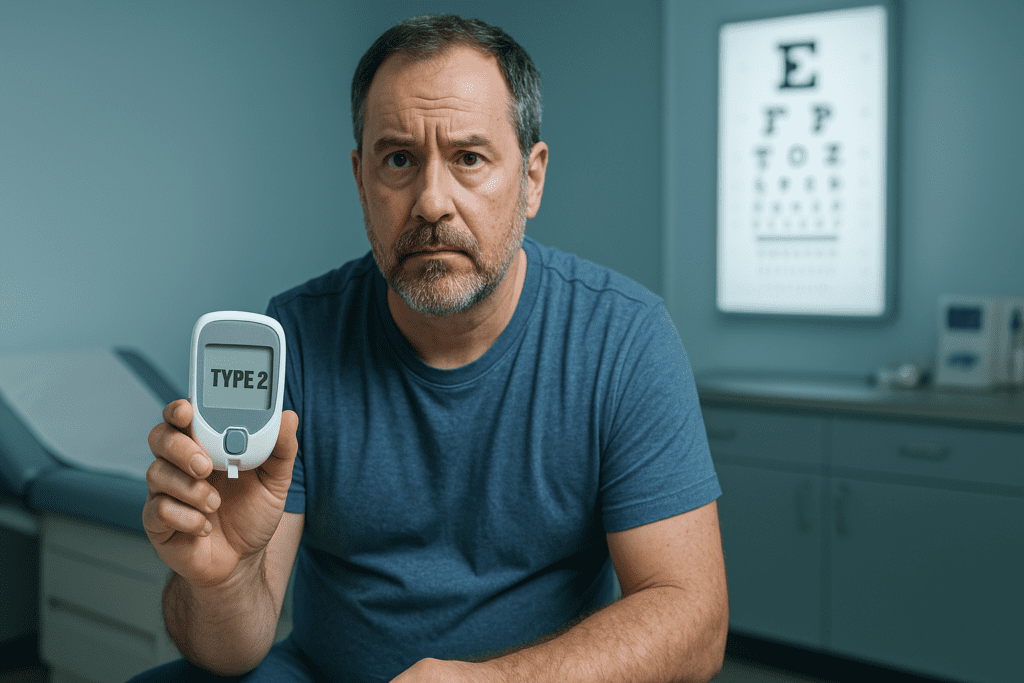 A middle-aged man with graying hair and a worried look sits in a cool-toned medical exam room, holding a glucose meter that reads "TYPE 2." The clinical lighting and sparse background underscore the rising prevalence of Type 2 diabetes and the emotional weight of diagnosis in modern healthcare settings.
