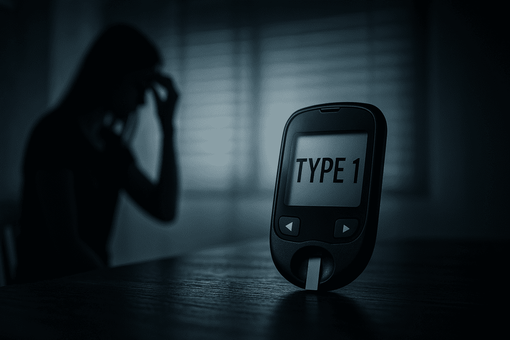 A black glucometer displaying "TYPE 1" rests on a wooden surface in sharp focus, while a woman stands blurred in the background near a window under moody, cool-toned lighting. This symbolic scene highlights the contrast in visibility and prevalence between Type 1 and Type 2 diabetes in public awareness and research.