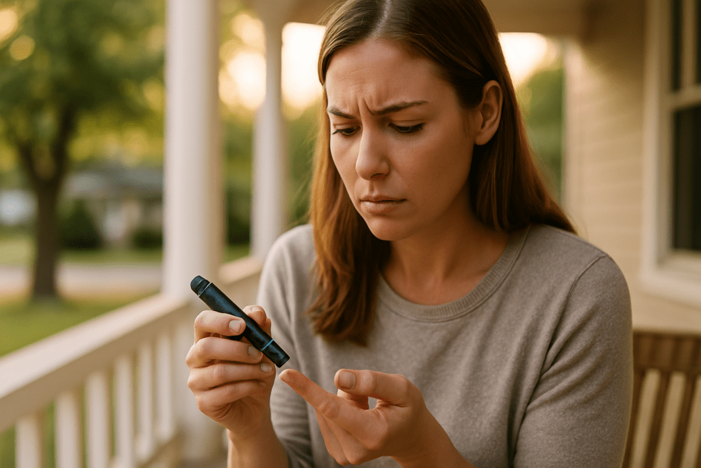 A high-resolution photograph captures a young woman with light skin using a blood glucose meter on her front porch in the soft morning light. The scene subtly explores the hereditary nature of type 1 diabetes, emphasizing personal monitoring as she stands in a calm suburban environment with warm natural lighting and a thoughtful expression.
