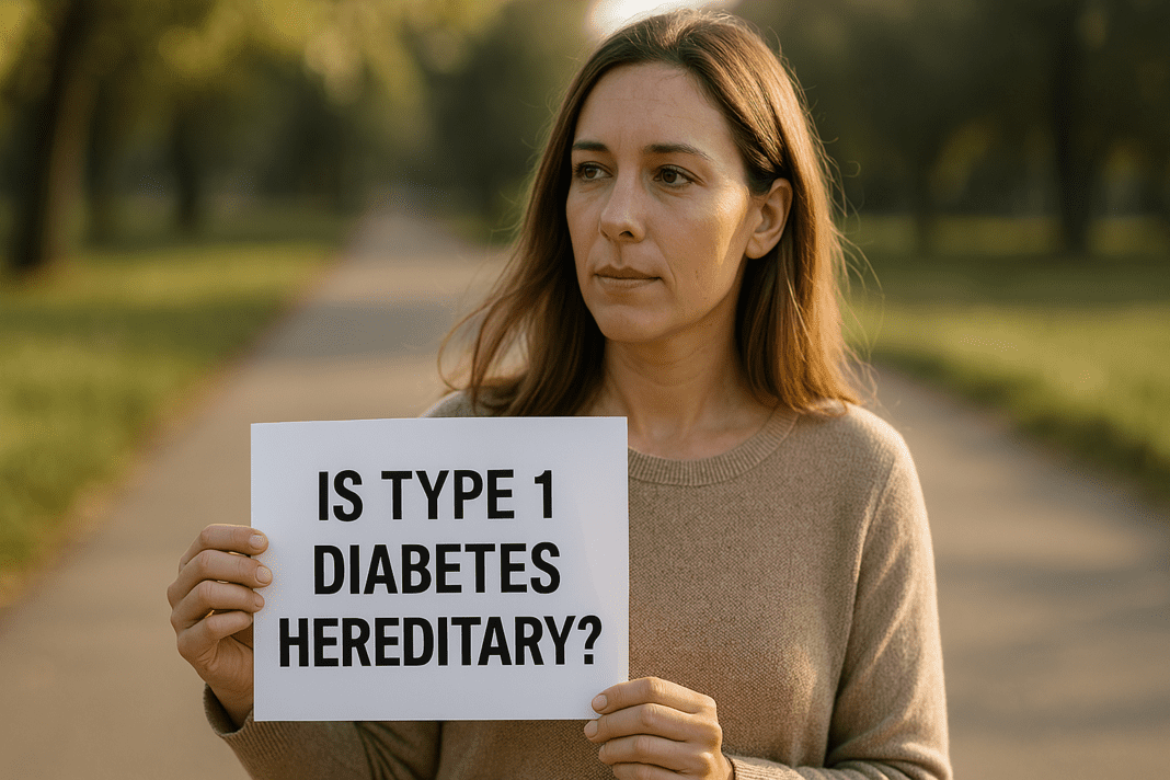 A woman in her 30s stands in a sunlit outdoor setting holding a sign that reads “IS TYPE 1 DIABETES HEREDITARY?” The scene is bathed in soft natural morning light, with a forest path behind her, visually expressing the question of whether type 1 diabetes is hereditary or acquired.