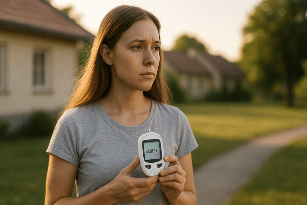 A young woman stands outside in a peaceful suburban neighborhood during the early morning, holding a blood glucose meter in her hands. The scene uses soft natural light to highlight the theme of genetic risk and Type 1 diabetes in a serene, realistic environment.