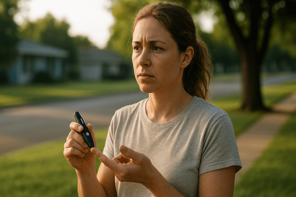 A young woman with light skin stands alone in a quiet suburban park during the morning, gently holding a glucometer and checking her blood sugar. The scene is bathed in soft natural morning light, visually symbolizing the personal connection between type 1 diabetes and genetic health awareness.