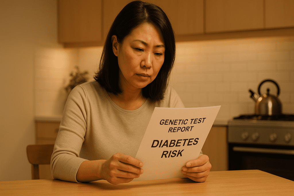 A middle-aged East Asian woman sits at a wooden kitchen table under warm ambient lighting, closely examining a document labeled "Diabetes Risk" in a modern, cozy kitchen. The scene symbolizes the personal impact of genetic testing and family history in assessing type 2 diabetes risk.