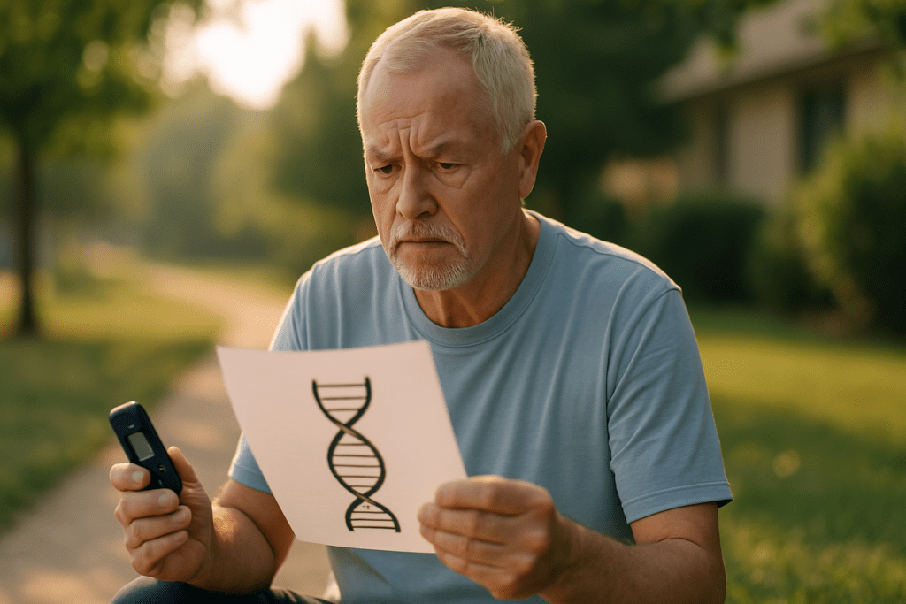 A photograph captures an older Caucasian man with white hair sitting on a bench in a sunlit park, examining a DNA diagram and holding a glucose meter. The morning light and soft green background convey a reflective mood, highlighting the connection between genetics and type 2 diabetes risk.