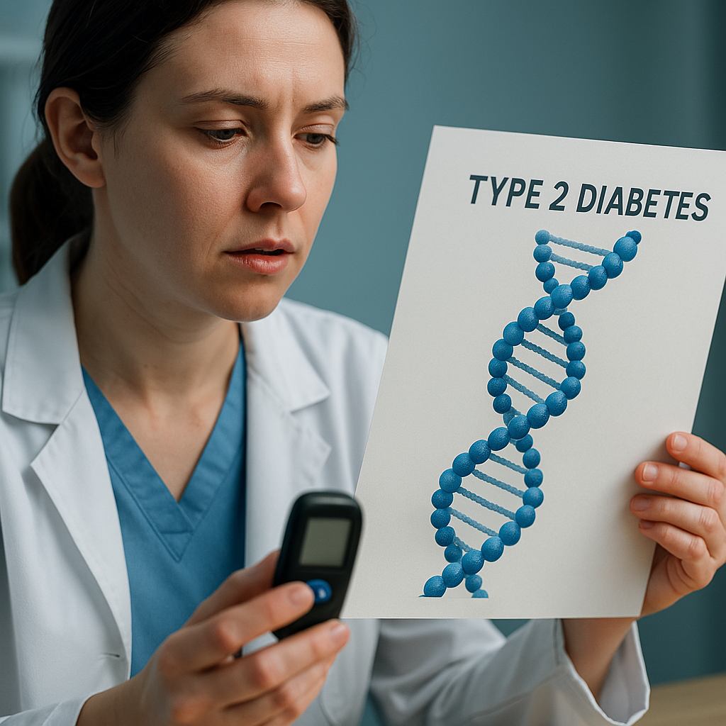 A photograph shows a female scientist or healthcare worker in a lab coat reviewing DNA-related data for type 2 diabetes while holding a blood glucose meter in a brightly lit clinical lab. The cool, clinical lighting and modern lab backdrop emphasize scientific research and the genetic basis of diabetes risk.