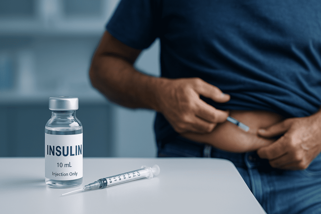 A digital photograph showcases an insulin vial and syringe in sharp focus on a white clinical surface, while an older man in the background prepares for injection under cool, sterile lighting. The scene emphasizes the medical precision and personal responsibility of insulin use in type 2 diabetes care.