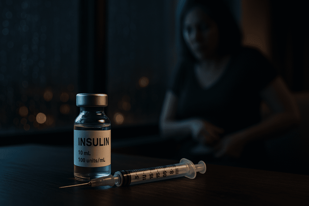 A photograph of an insulin vial and syringe presents a moody, close-up composition with dramatic shadows on a dark wooden surface, while a woman sits in the background near a rain-streaked window glowing with city lights. The image conveys the emotional depth and solitude of managing type 2 diabetes with insulin in a quiet, reflective moment.