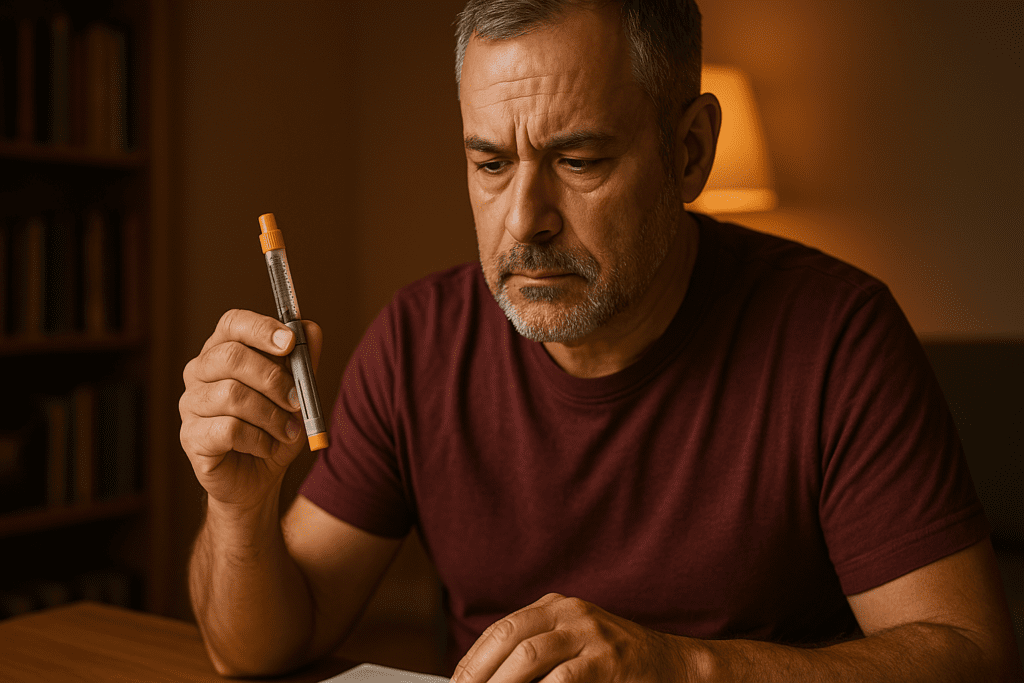 A photograph of a middle-aged man with a salt-and-pepper beard examining an insulin pen under warm ambient indoor lighting. He sits in a cozy room surrounded by books, reflecting a thoughtful moment about insulin therapy for type 2 diabetes in a modern home environment.