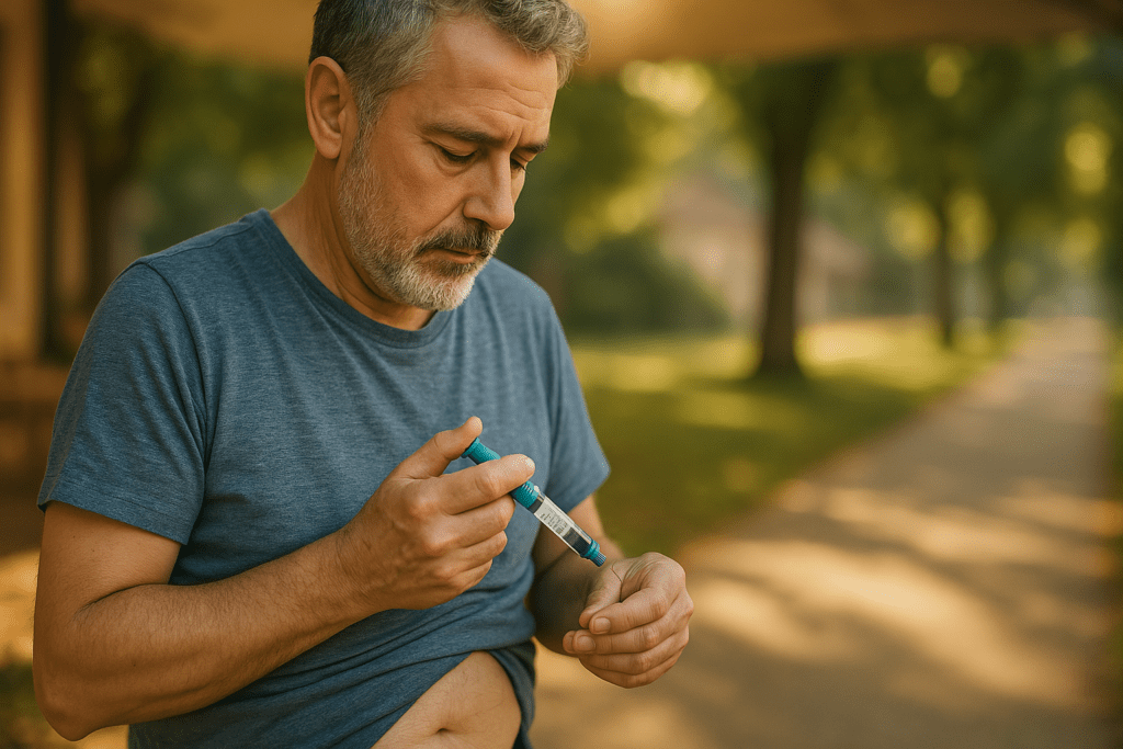 A middle-aged man with type 2 diabetes prepares to inject insulin with a turquoise-capped pen in a quiet outdoor park during early morning light. The natural setting and soft sunlight convey a calm, reflective mood while emphasizing diabetes management in daily life.