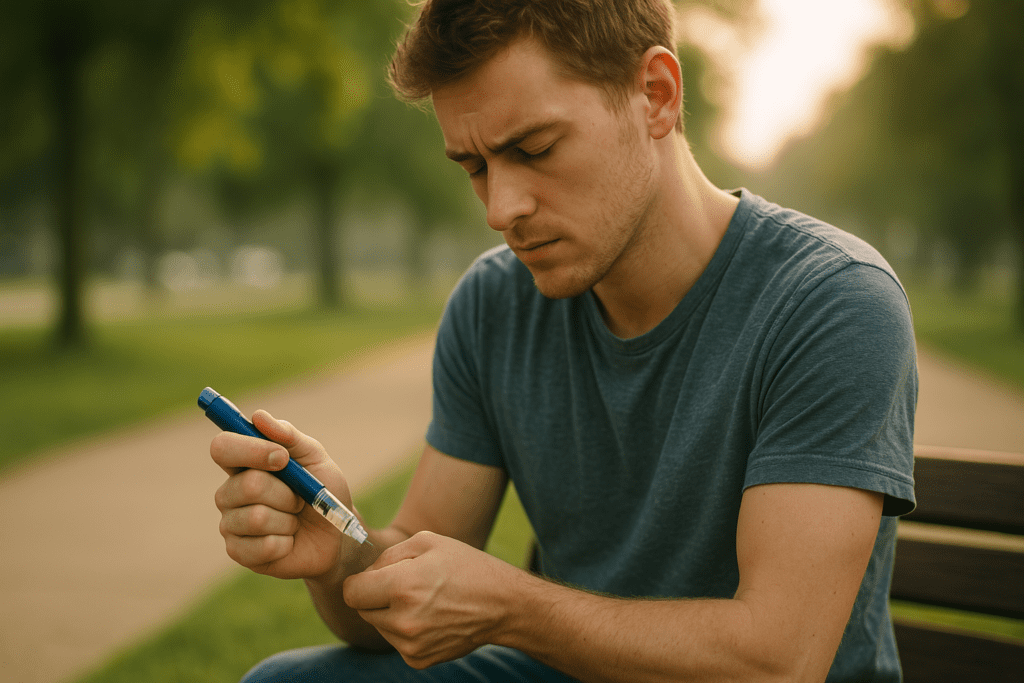A young Caucasian man administers an insulin injection while seated on a wooden bench in a sunlit park, bathed in soft morning light. The image captures a serene moment that reflects the reality of insulin dependence in type 1 diabetes, framed by a gentle natural background of trees and a quiet walking path.