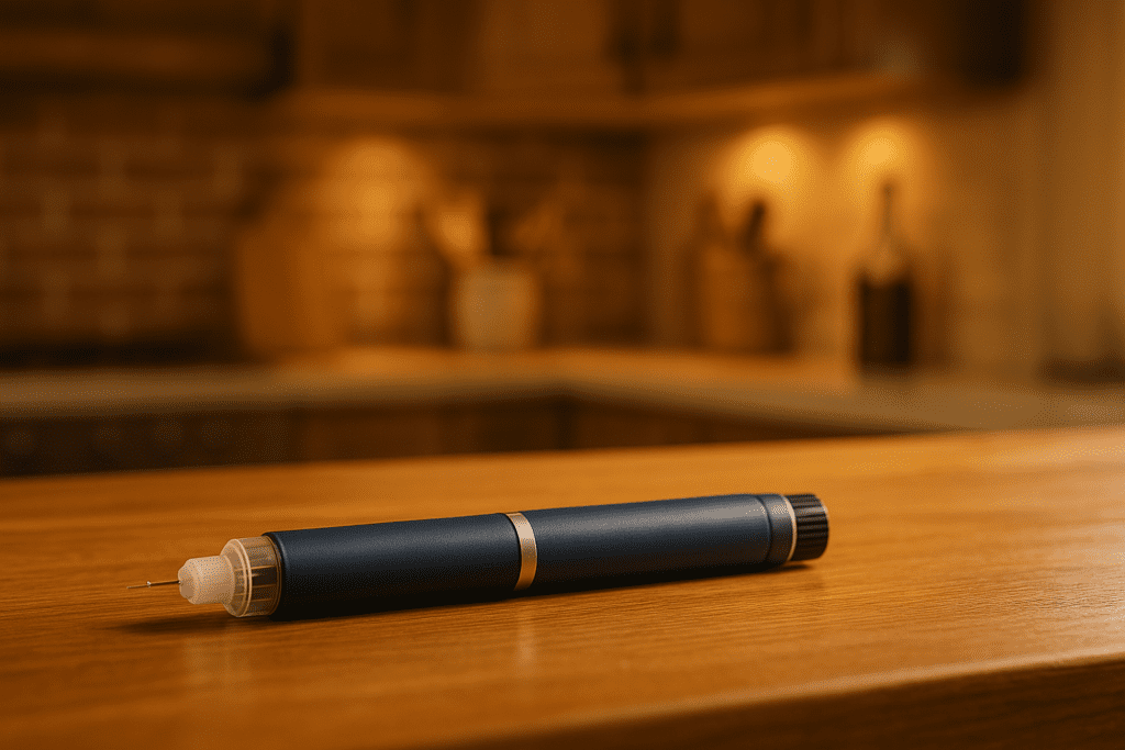 A close-up image of a modern insulin pen resting on a smooth wooden table in a warmly lit indoor kitchen, with a blurred background of rustic decor and a soft glow highlighting the pen. The scene represents insulin dependence in Type 1 diabetes and reflects emerging treatment rituals in home settings.