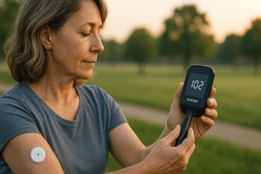 A high-resolution digital photograph captures a middle-aged woman outdoors in soft morning light, using a modern infrared glucose monitor to check her blood sugar. She appears focused and calm, with sunlight illuminating her face and the device, reflecting a natural approach to noninvasive diabetes management in a peaceful rural setting.
