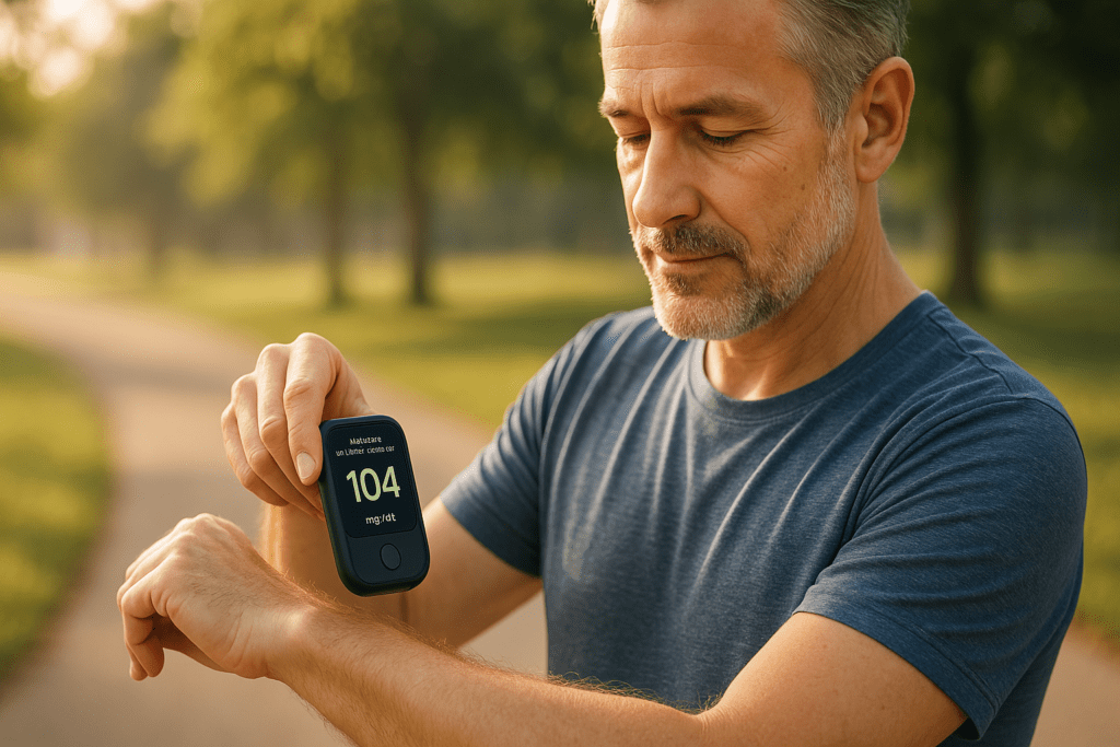 A middle-aged man with salt-and-pepper hair stands in a sunlit park during the early morning, examining an infrared glucose monitor displaying a reading of 104 mg/dL. The soft natural lighting and serene outdoor setting emphasize the potential of noninvasive diabetes technology for real-time blood sugar tracking.