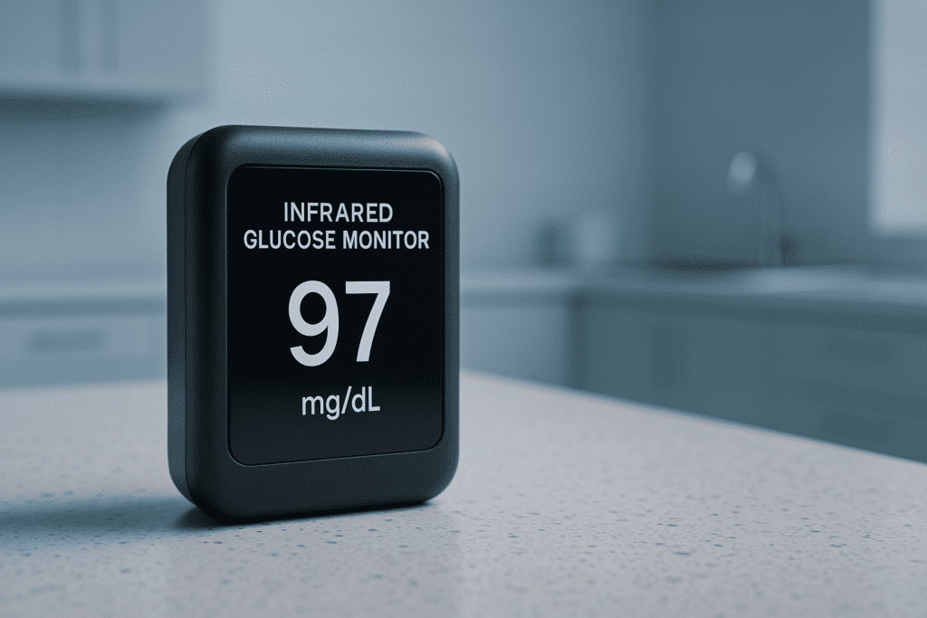 A sleek infrared glucose monitor sits on a terrazzo countertop under cool clinical lighting, displaying a blood sugar reading of 97 mg/dL. The sterile, modern medical environment reinforces the precision and promise of noninvasive technology in diabetes care.