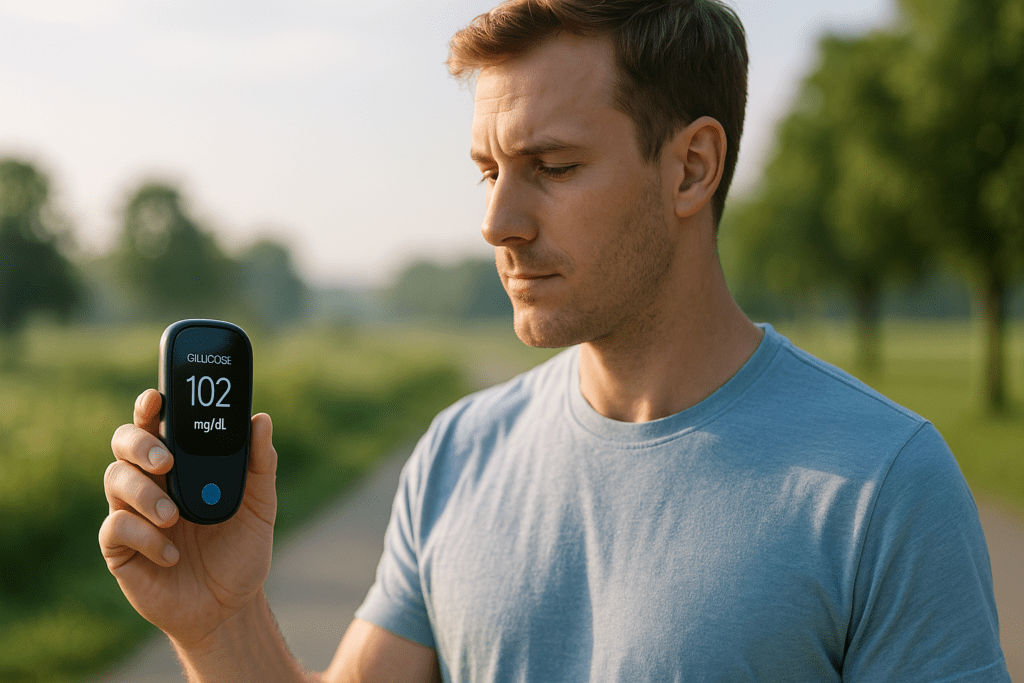 A young man stands outdoors in the morning light, holding a noninvasive infrared glucose monitor in his hand. The image captures a calm and focused atmosphere with soft natural light, lush greenery in the background, and a clear blue sky—illustrating the potential of wearable technology for noninvasive diabetes management in everyday life.