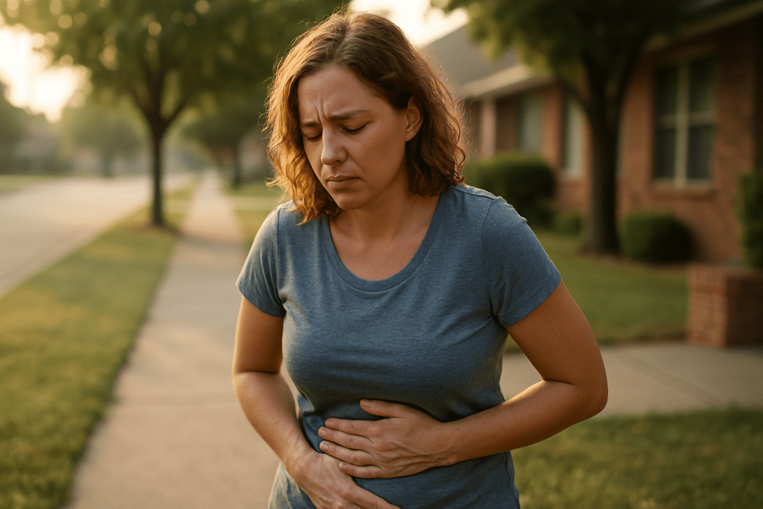 A photograph captures a Caucasian woman in her mid-thirties standing in a quiet suburban neighborhood at sunrise, holding her stomach with a pained expression—an early sign of diabetes discomfort. Soft natural morning light highlights the greenery and calm setting, reinforcing the theme of recognizing early diabetic symptoms in a residential environment.