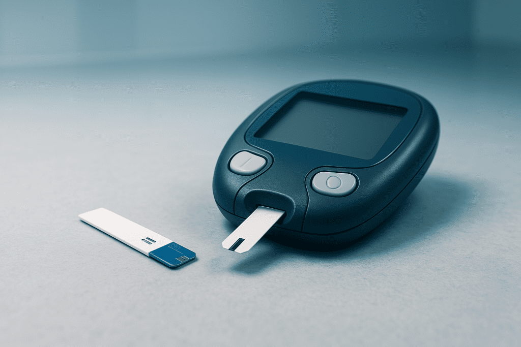 A digital photograph displays a glucometer and a blood glucose test strip placed on a clean, light gray countertop under cool clinical lighting. The sterile environment and sharp focus on the diagnostic tools emphasize the importance of early diabetes detection and consistent blood sugar monitoring.