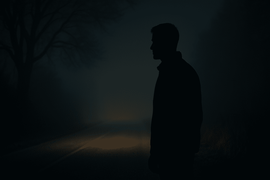 A photograph captures the silhouette of a man standing beside a foggy rural road at night, dimly lit by a moody side light that casts long, dramatic shadows. The cool tones and eerie atmosphere symbolize the emotional uncertainty and isolation often experienced during the early stages of diabetes symptoms.