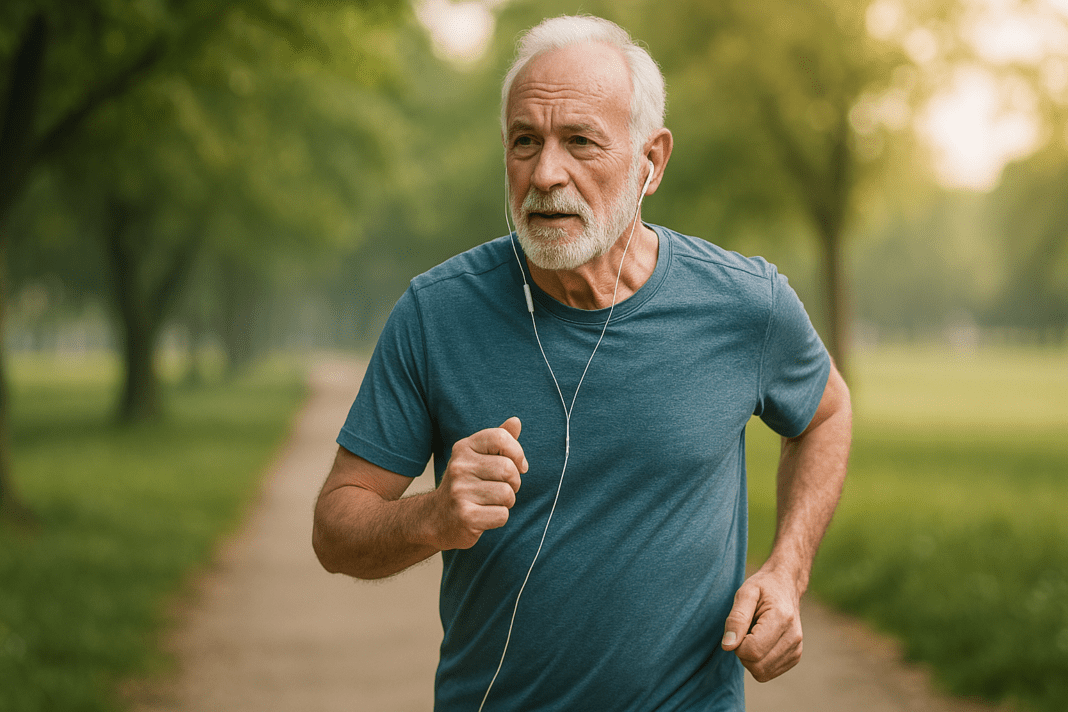 A photorealistic image of an elderly Caucasian man jogging on a quiet park trail in soft morning light, symbolizing natural strategies to prevent type 2 diabetes through regular physical activity. The lush green background and warm sunlight evoke a peaceful, healthy outdoor environment conducive to lifestyle-based diabetes prevention.