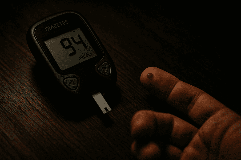 A dramatic close-up of a black glucose meter showing a healthy reading of 94 mg/dL beside a fingertip with a drop of blood, set against a dark wooden surface with moody lighting. This visually striking image symbolizes the importance of regular blood sugar monitoring in preventing type 2 diabetes and highlights individual action as part of effective diabetes management.