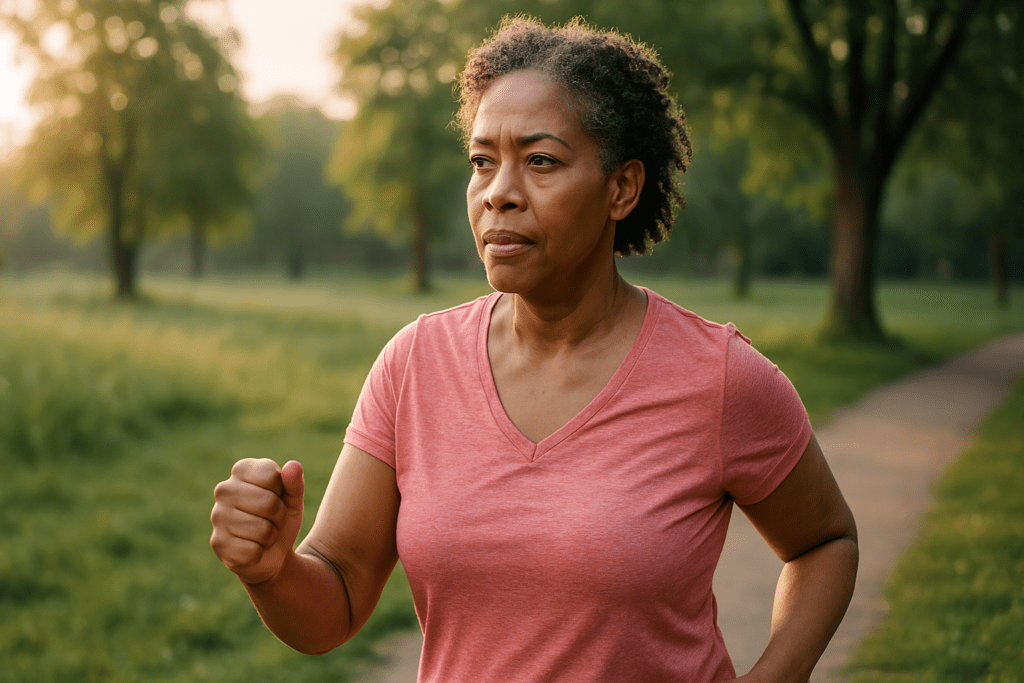 A middle-aged African American woman walks briskly through a serene green park at sunrise, lit by soft natural morning light. Her focused stride and confident posture reflect an active lifestyle, a key preventative strategy in managing type 2 diabetes through physical activity.