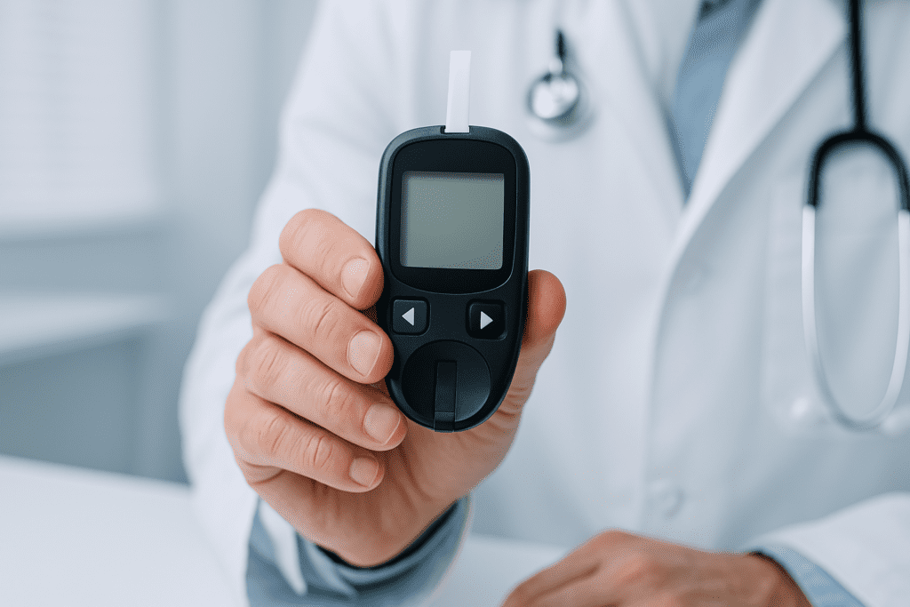 A doctor’s hand firmly holds a digital blood glucose meter in a sterile clinic, surrounded by cool clinical lighting and minimalistic medical equipment. This clean, focused setting visually reinforces the role of early blood sugar monitoring in preventing type 2 diabetes.