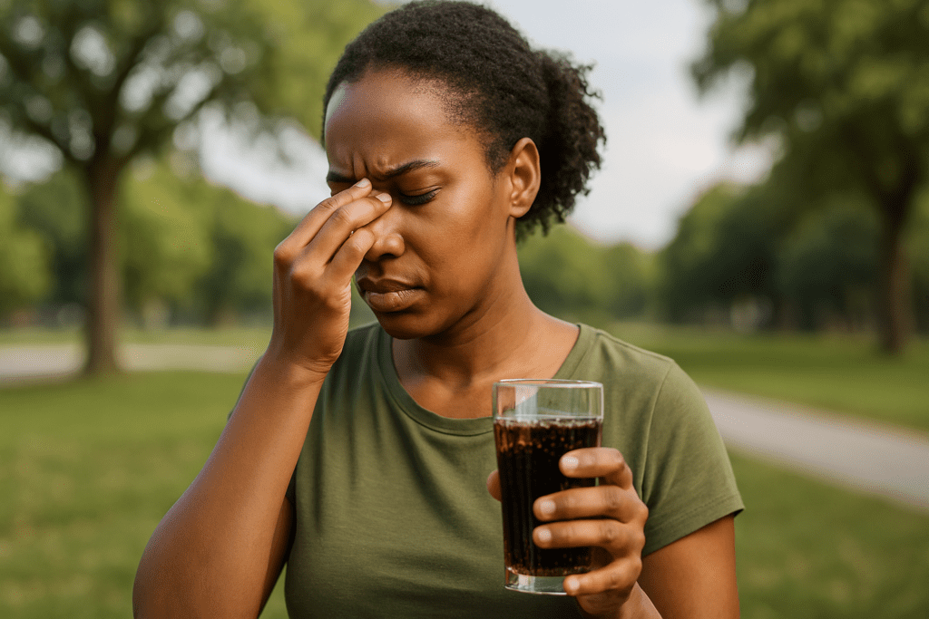 A young Black woman stands in a quiet urban park during the early morning, holding a sugary soda and gently pinching the bridge of her nose in a contemplative pose. The soft natural morning light casts a gentle glow over the scene, highlighting the connection between sugar intake and type 2 diabetes risk.