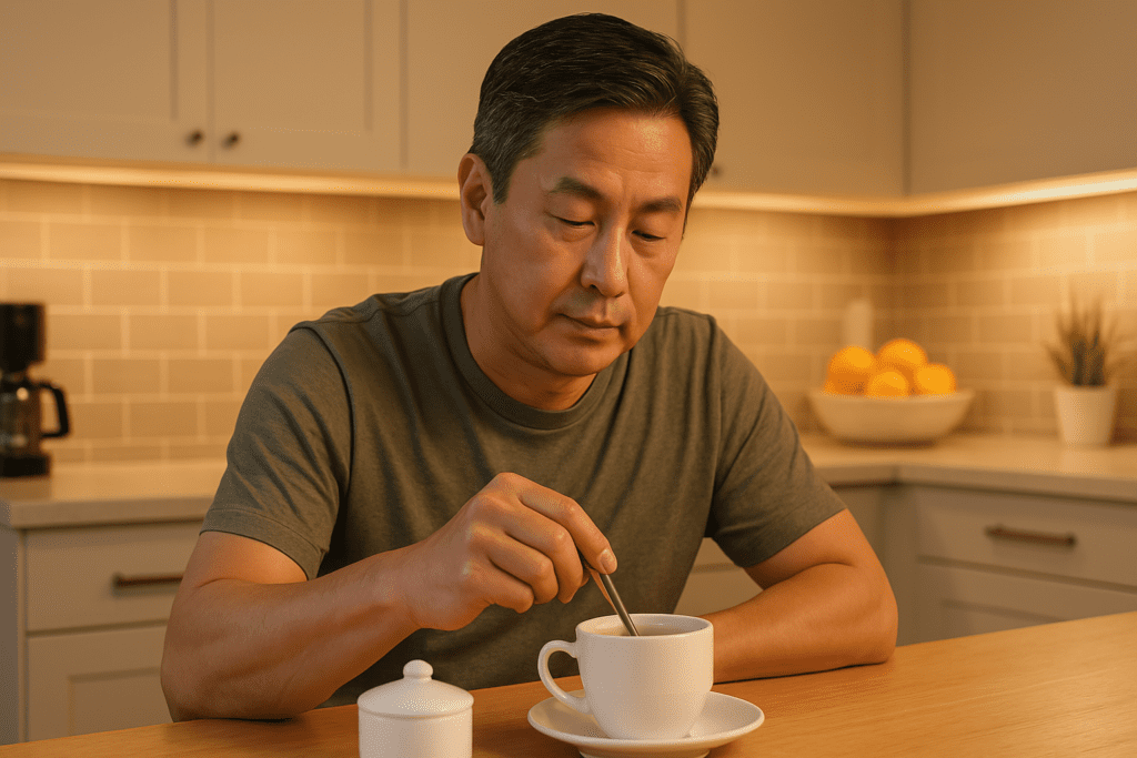 A middle-aged Asian man with short graying hair sits alone at a modern kitchen counter, gently stirring sugar into a cup of tea. The warm indoor ambient lighting and clean, cozy kitchen interior subtly emphasize the daily ritual of sweetened beverages and their impact on sugar intake and type 2 diabetes prevention.