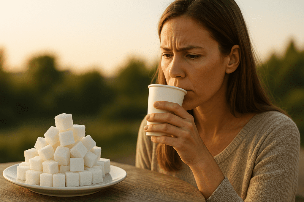 A young woman with light brown hair holds a cup of coffee while gazing thoughtfully at a plate stacked with sugar cubes outdoors. The soft natural morning light and peaceful landscape suggest contemplation about daily sugar intake and its connection to type 2 diabetes risk.
