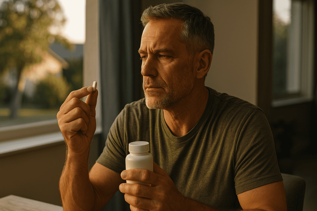 A middle-aged Caucasian man sits by a large window in soft natural morning light, holding a diabetes medication pill thoughtfully. The serene residential backdrop and gentle lighting create a calm, introspective mood, symbolizing new breakthroughs in type 2 diabetes treatment.