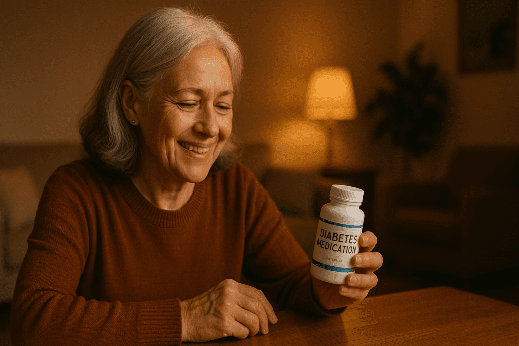An older Caucasian woman sits in a warmly lit living room, smiling gently while holding a bottle of diabetes medication, symbolizing hope in new type 2 diabetes treatments. The ambient lighting and cozy environment evoke comfort, optimism, and trust in breakthrough therapies.