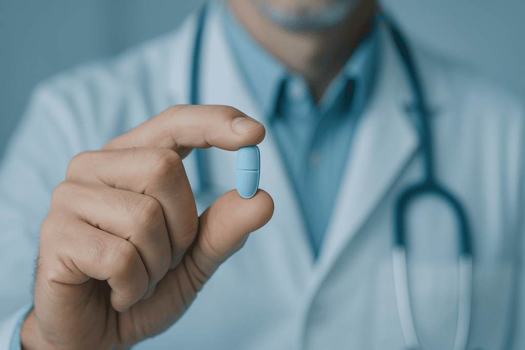 A close-up of an adult male hand holding a blue diabetes pill in a cool, clinical setting highlights the precision and innovation of new type 2 diabetes medications. The soft focus on a lab-coated professional in the background reinforces the credibility and scientific advancement behind the treatment.