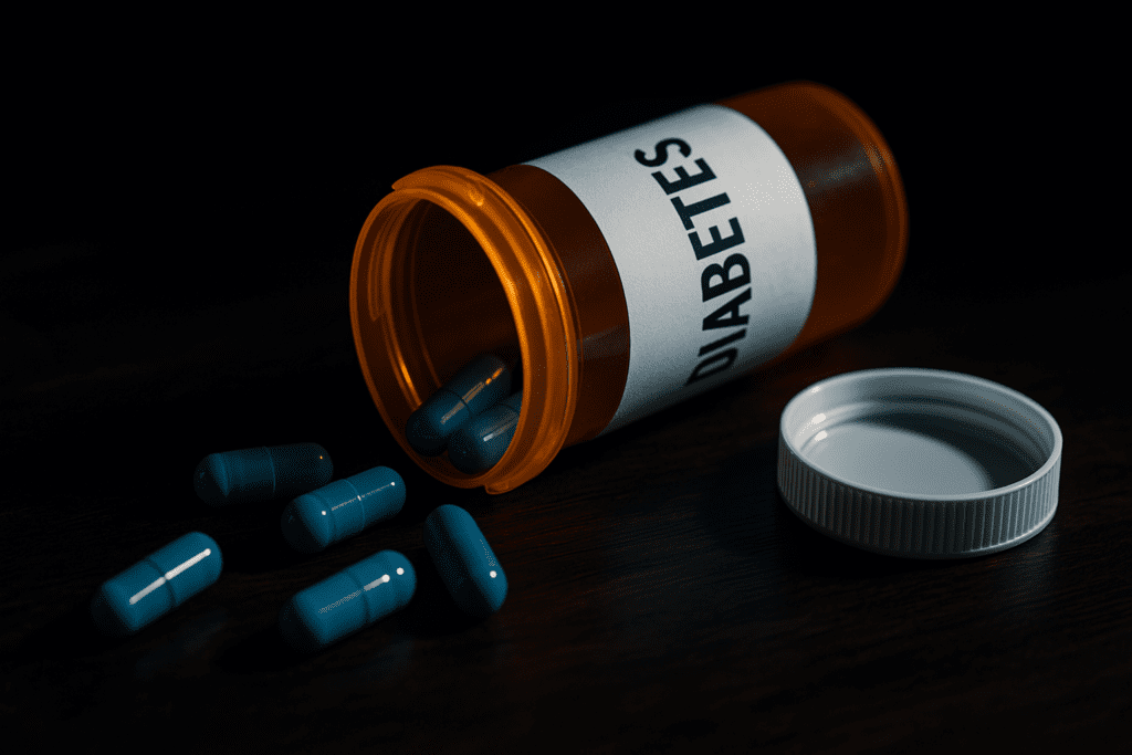 A dramatic, moody image of a tipped-over diabetes prescription bottle with blue capsules scattered on a dark wooden surface reflects the gravity and significance of new diabetes treatments. The shadows and textures add intensity, symbolizing the weight of managing type 2 diabetes and hope through breakthrough medications.