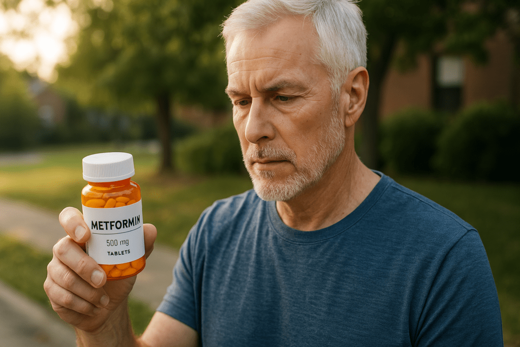 A middle-aged man with white hair and a neatly trimmed beard examines a Metformin bottle in his hand under soft natural morning light, with a suburban home and greenery blurred in the background. This scene symbolizes thoughtful engagement with type 2 diabetes treatment options involving Metformin medication.