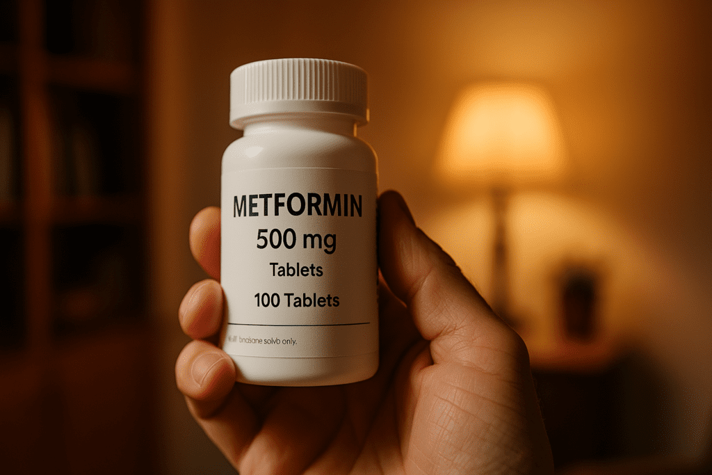 A close-up shot of an adult hand holding a clearly labeled Metformin 500 mg bottle in a warmly lit room, with a softly blurred bookshelf and glowing lamp in the background. This image highlights the personal use of Metformin medication for type 2 diabetes within a home environment.