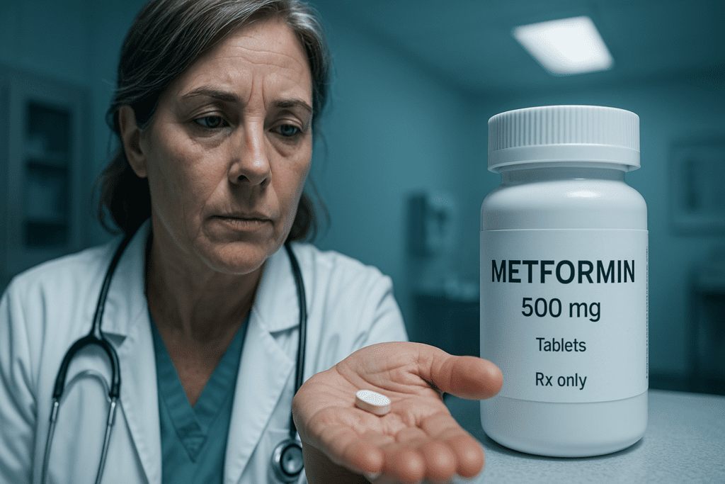 A female healthcare provider in a white lab coat holds a single Metformin tablet in a cool clinical environment, lit with soft blue lighting that emphasizes the seriousness of medical care. The image conveys the role of professionals in managing type 2 diabetes with Metformin as a front-line treatment.