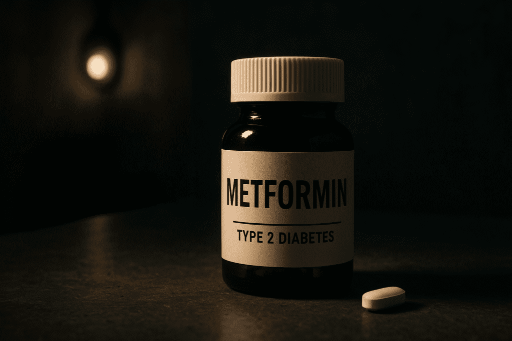 A moody close-up of a brown glass Metformin bottle and a single tablet resting on a dark countertop, lit by a warm, dramatic light source in the background. This symbolic image underscores the importance of Metformin in type 2 diabetes treatment while evoking a reflective, clinical atmosphere.
