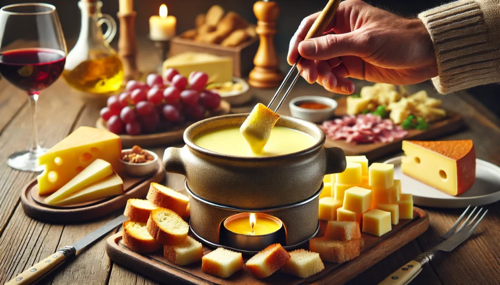 A cozy cheese fondue setting featuring a pot of melted cheese with bread cubes on skewers, surrounded by various cheeses, grapes, and cured meats on a wooden table, creating a warm and inviting ambiance.
