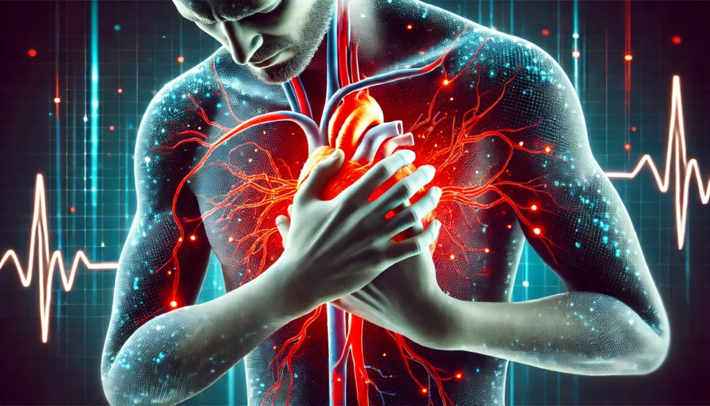 A person clutching their chest with a glowing red area around the heart, conceptually representing the pain and discomfort caused by blocked arteries due to coronary heart disease.